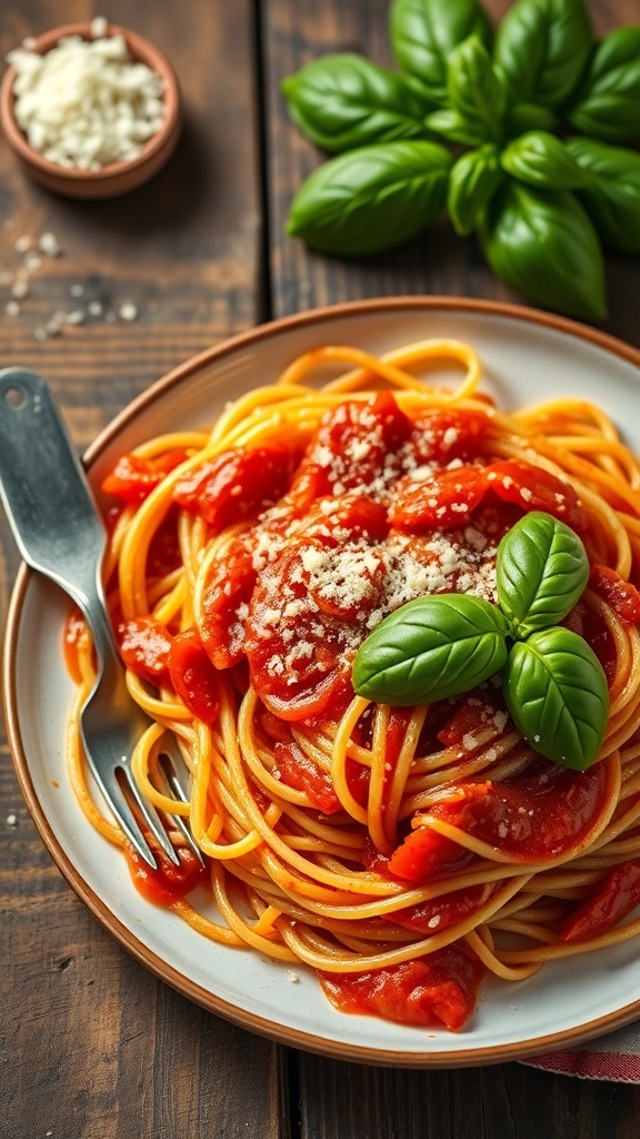 A plate of spaghetti with tomato sauce and basil, garnished with Parmesan cheese on a rustic table.